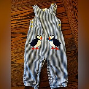 Baby Boden Navy Striped Overalls with Puffin Appliqué